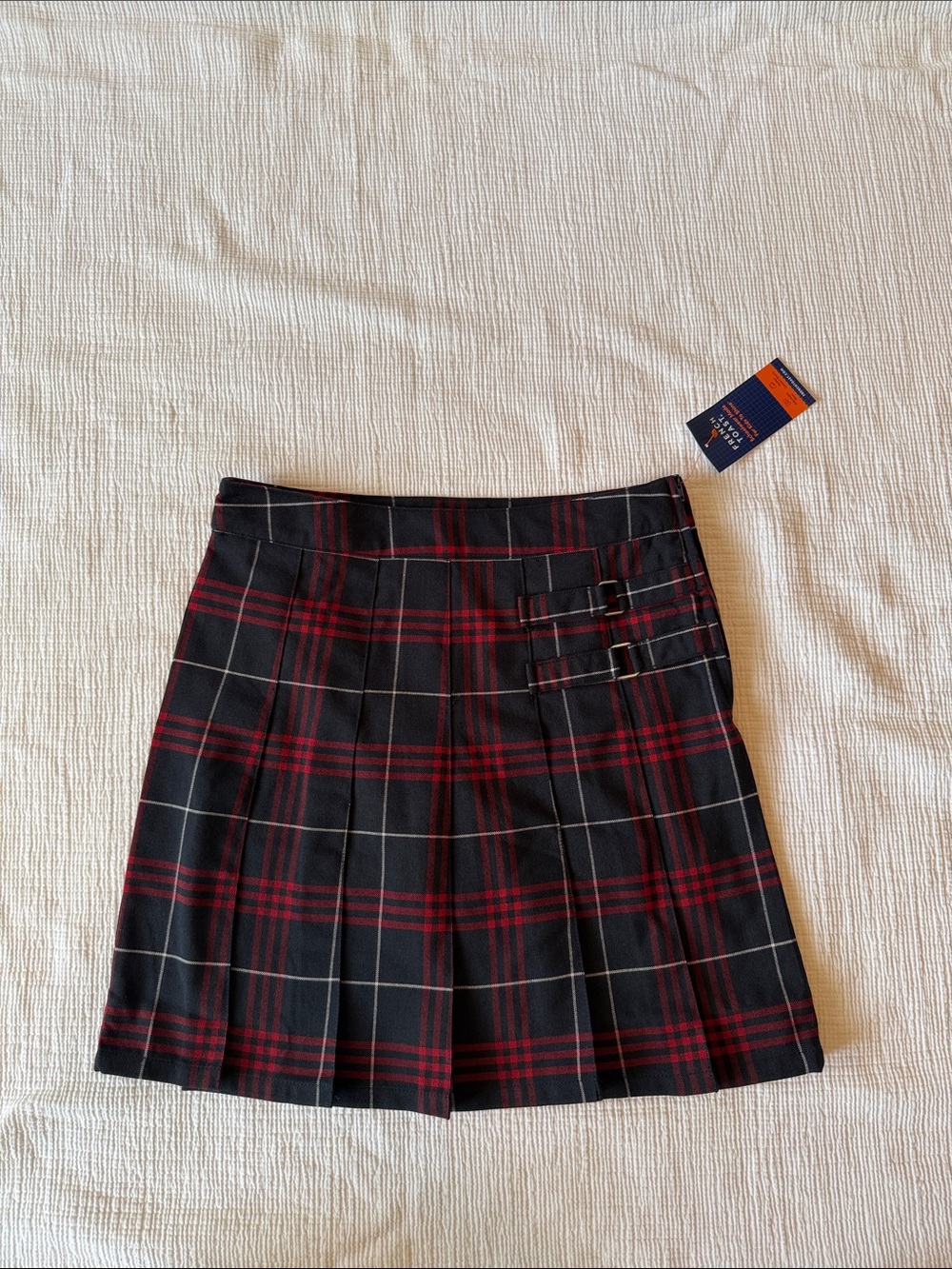 French Toast Red and Dark Navy Plaid Pleated Skirt with Buckles